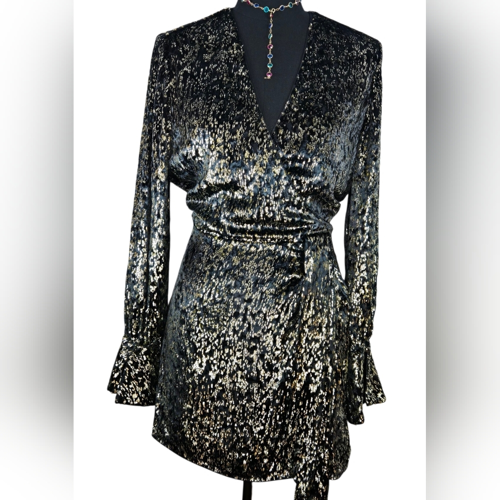 NWT $595 Simkhai Camryn Metallic Faux Wrap Mini Dress Black Gold Sz 10 Party - Picture 12 of 15
